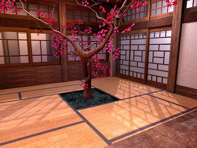 Cartoon Scene of Japanese Room With Wooden Sliding Doors Tatami Floor And Pink Cherry Tree 3d model