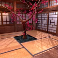 Cartoon Scene of Japanese Room With Wooden Sliding Doors Tatami Floor And Pink Cherry Tree