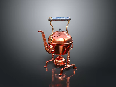 Vintage Copper Teapot With Blue Handle And Three Legged Base For Home Decor 3d model