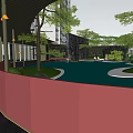 Modern Garden Landscape With Pond Curved Pathway Green Trees And Stone Decorations
