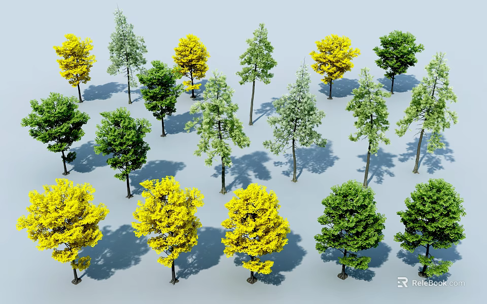 Colorful Arbor Trees In Yellow Green And Light Tones With Various Shapes And Shadows 3d model 