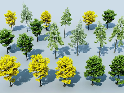 Colorful Arbor Trees In Yellow Green And Light Tones With Various Shapes And Shadows 3d model