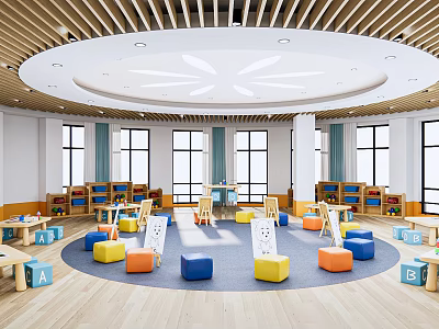Kindergarten Interior With Colorful Stools Letter Blocks Bookshelves Windows And Circular Ceiling Light 3d model