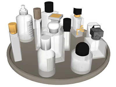 Various Perfume Cosmetics Bottles On Tray With Different Cap Colors And Designs 3d model