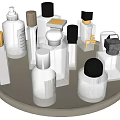 Various Perfume Cosmetics Bottles On Tray With Different Cap Colors And Designs 3d model