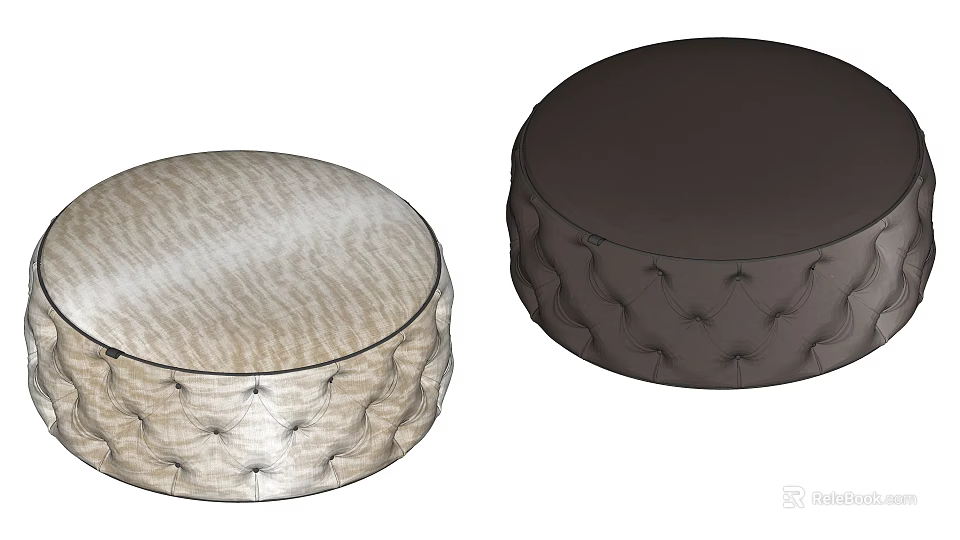 Two Round Button Tufted Beige And Brown Ottoman Poufs For Home Decor 3d model