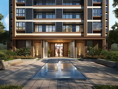 Modern Residential Building Main Entrance Gate With Reflective Pool And Landscaped Greenery 3d model