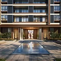 Modern Residential Building Main Entrance Gate With Reflective Pool And Landscaped Greenery