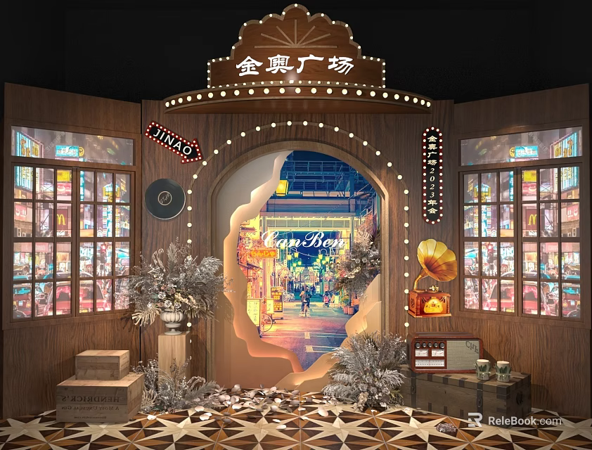Live Stream at Golden Classic Square Featuring Vintage Decorations and Illuminated Display Windows 3d model 