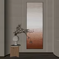 White Vase With Dried Branches And Vertical Gradient Artwork On Light Colored Wall 3d model
