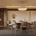 Elegant Modern Private Dining Room With Round Table Chairs Ceiling Light And Circular Wall Decor 3d model