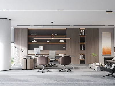 Modern Office Interior Design With Work Desk Comfortable Chairs Bookshelves And Sofa 3d model