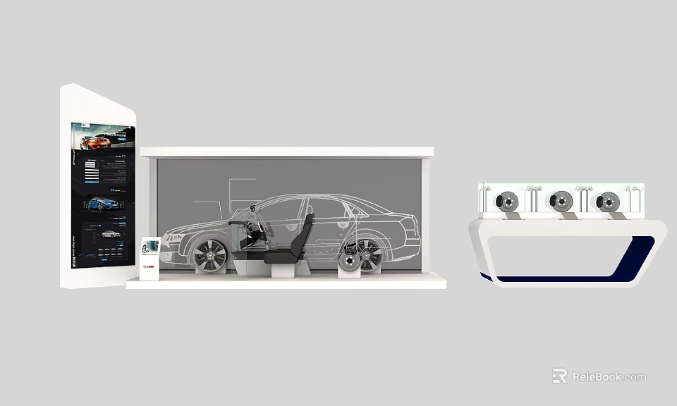 Car Exhibition Display Shelves With Vehicle Model And Modern Layout Design 3d model 