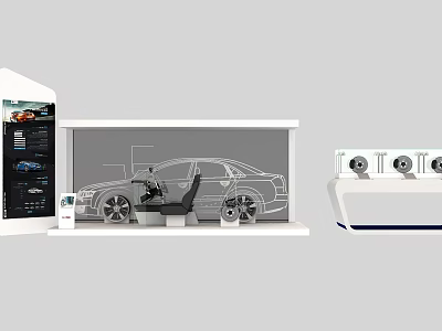 Car Exhibition Display Shelves With Vehicle Model And Modern Layout Design 3d model
