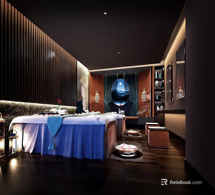 Luxurious SPA Interior with Massage Tables Blue Sheets Wooden Walls Decorative Lamps and Zen Atmosphere 3d model 