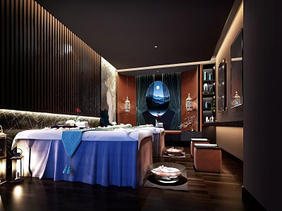 Luxurious SPA Interior with Massage Tables Blue Sheets Wooden Walls Decorative Lamps and Zen Atmosphere 3d model