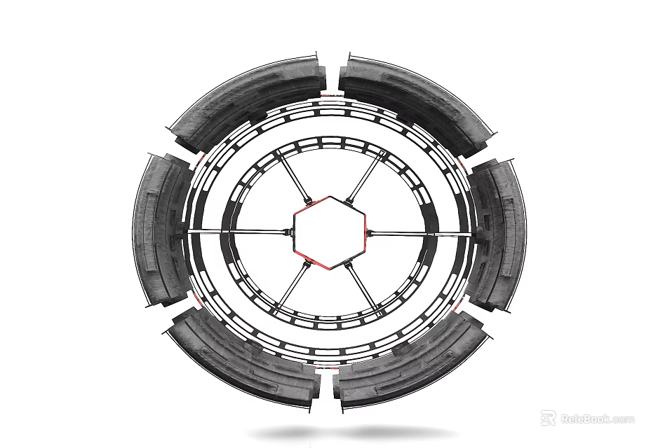 Metallic Circular Mechanical Structure With Hexagonal Center And Symmetrical Ring Components 3d model