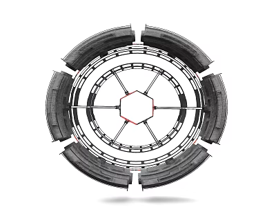 Metallic Circular Mechanical Structure With Hexagonal Center And Symmetrical Ring Components 3d model