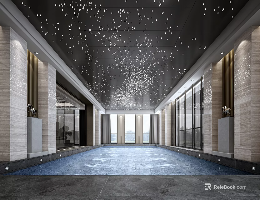 Modern Swimming Pool Interior Design With Starry Ceiling Large Windows And Marble Walls 3d model