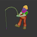 Cartoon Man Wearing Yellow Hat Green Shirt And Orange Pants Holding Red White Fishing Rod