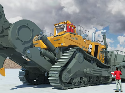 Powerful Large Yellow Tracked Utility Vehicle With Person Standing Nearby 3d model