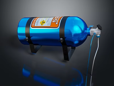 Blue Gas Cylinder With Orange Warning Label Black Metal Stand And Connected Hose 3d model