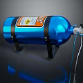 Blue Gas Cylinder With Orange Warning Label Black Metal Stand And Connected Hose