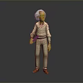3D Model Man With White Hair Wearing Light Colored Outfit Holding Object On Gray Background