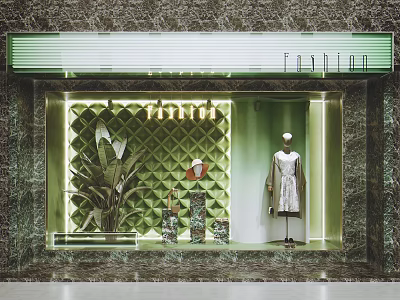 Shop Window Display With Quilted Green Wall Mannequin Dress Green Plant And Decorative Lighting 3d model