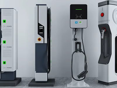 Modern Electric Vehicle Charging Stations With Various Designs And Charging Ports 3d model