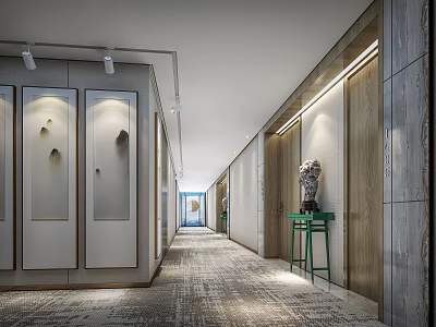Modern Hotel Corridor With Decorative Walls Circular Artworks Downlights And Green Side Table 3d model