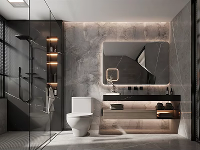 Modern Bathroom Interior Design With Marble Wall Large Mirror Glass Shower And Vanity Lighting Strips 3d model