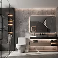 Modern Bathroom Interior Design With Marble Wall Large Mirror Glass Shower And Vanity Lighting Strips