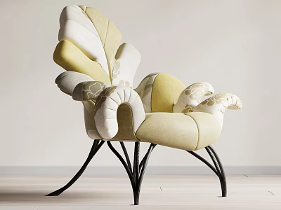 Cream and Yellow Accent Chair with Unique Curved Arms Backrest and Black Metal Legs 3d model