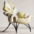 Cream and Yellow Accent Chair with Unique Curved Arms Backrest and Black Metal Legs