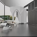 Modern Bridal Shop Interior With Arched Doorway Large Windows And Displayed Wedding Dresses