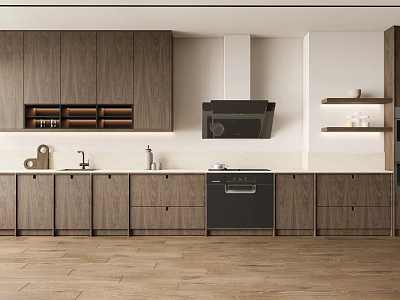Modern Kitchen Interior With Wooden Cabinets White Countertop And Black Appliances 3d model