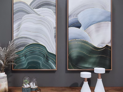 Modern Luxury Abstract Wave Line Wall Art With Green Blue Gold For Living Room Decoration 3d model