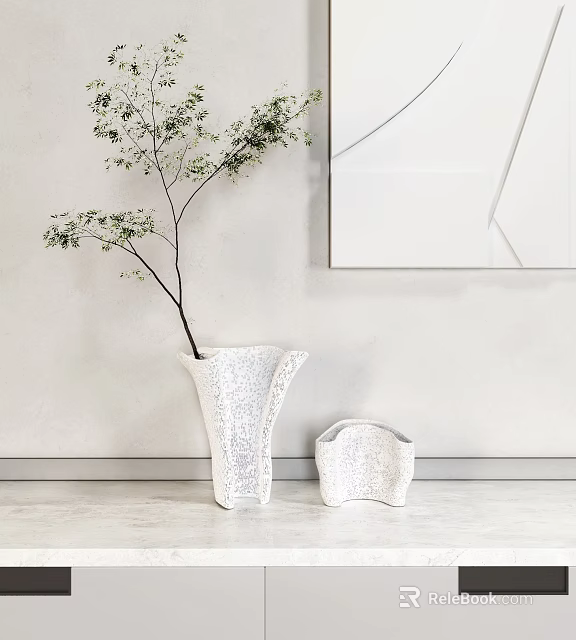 White Ceramic Vase With Green Branches And Smaller Vase On Light Wall With Geometric Painting 3d model 