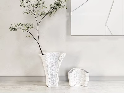 White Ceramic Vase With Green Branches And Smaller Vase On Light Wall With Geometric Painting 3d model