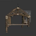 Rustic Wooden Manger Structure With Arch Frame Rope Ties And Plank Roof Details