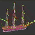 Classic Handcrafted Wooden Sailboat Model With Multiple Masts And White Sails