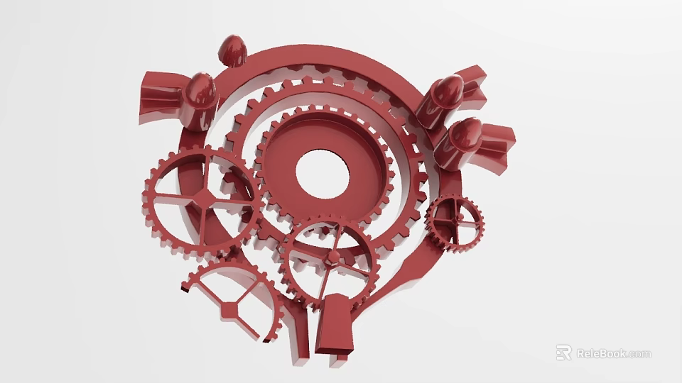 Industrial Equipment With Red Meshing Gears Of Multiple Sizes And Mechanical Components 3d model 