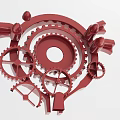 Industrial Equipment With Red Meshing Gears Of Multiple Sizes And Mechanical Components