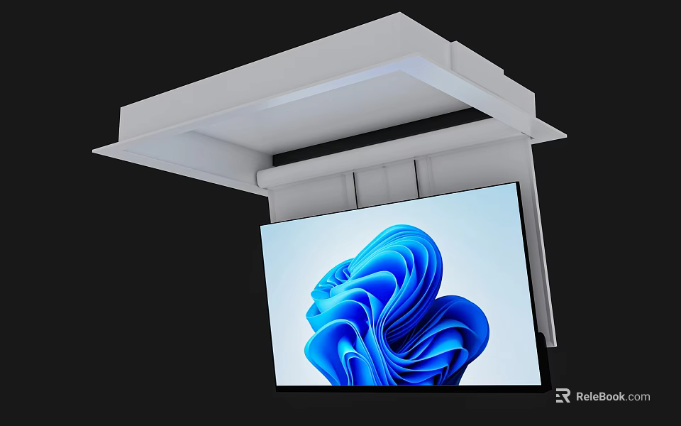 Modern Ceiling Mounted White TV Screen Displaying Blue Abstract Pattern 3d model 