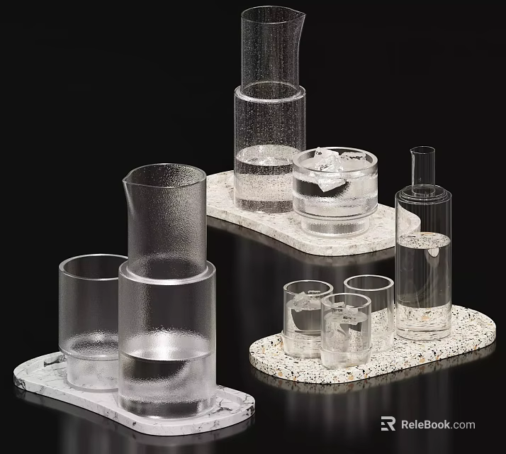 Transparent Glass Cups In Various Shapes Placed On Textured Trays With Water Inside 3d model 
