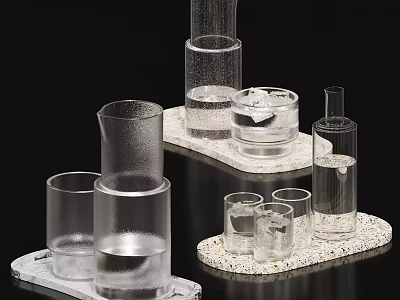 Transparent Glass Cups In Various Shapes Placed On Textured Trays With Water Inside 3d model
