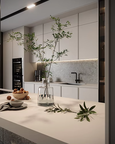 Modern Kitchen Interior With White Cabinets Marble Countertop And Green Plants 3d model