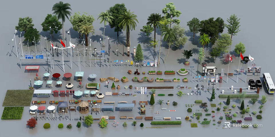 Modern Urban Road Facilities Design With Street Lamps Traffic Signs And Green Trees 3d model 