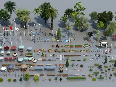 Modern Urban Road Facilities Design With Street Lamps Traffic Signs And Green Trees 3d model